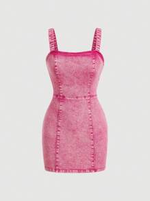 SHEIN MOD Vestido Curto de Denim com Ajuste Slim e Alças Largas, Simples para Mulheres - Azul - Visão 5