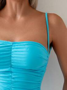 SHEIN Swim 1 件女式纯色抽绳连体泳衣，适合度假和海滩 - 藍色 - 查看 5