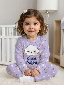 SHEIN 女婴云朵与字母卡通图案休闲舒适长袖和长裤家居服，贴身合身 - 彩色 - 查看 1