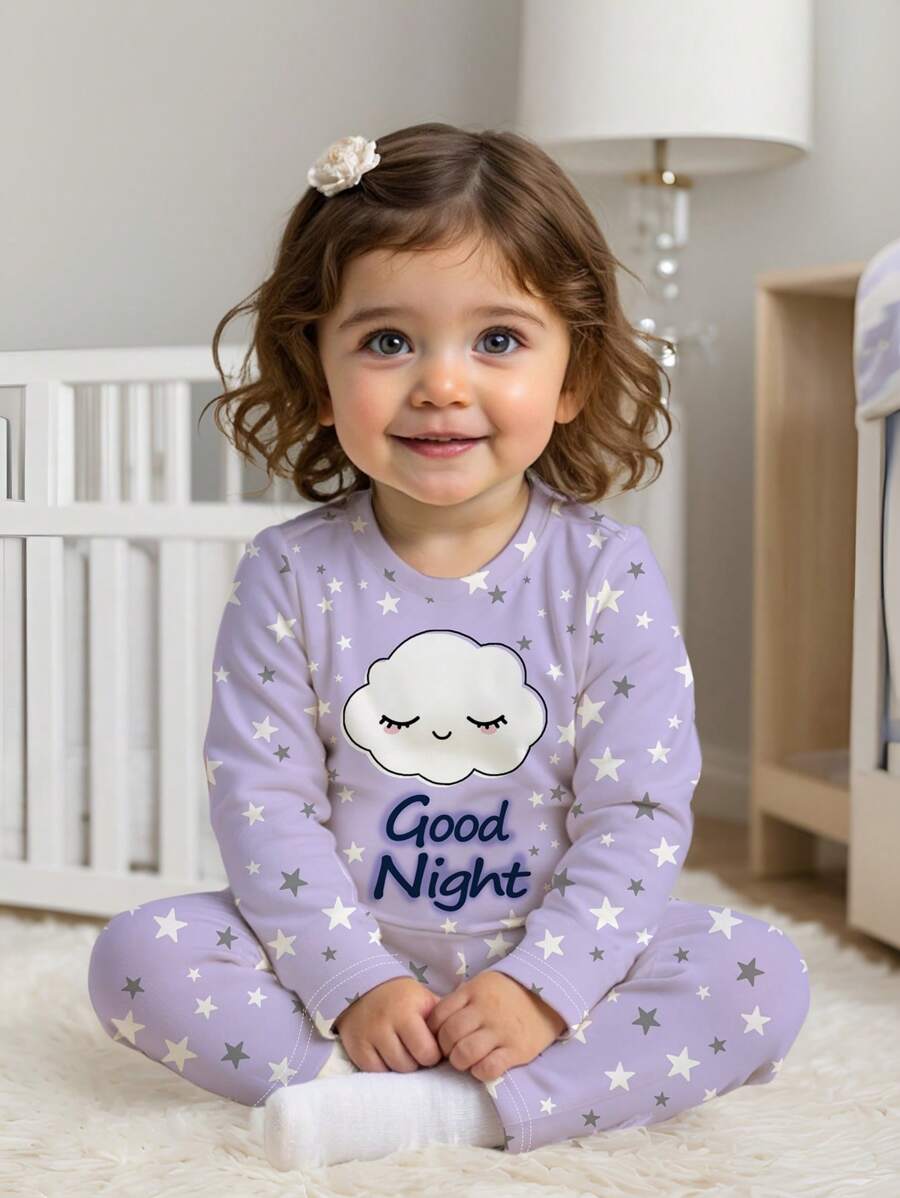 SHEIN 女婴云朵与字母卡通图案休闲舒适长袖和长裤家居服，贴身合身 - 彩色 - 查看 1