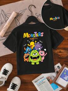 Young Boy Monster Family Cartoon Print Short Sleeve T-Shirt - Black - View 2
