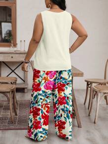 EMERY ROSE 2pcs/Set Women Plus Size Sleeveless Crew Neck Outfit, Suitable For Summer - Hot Pink - View 2