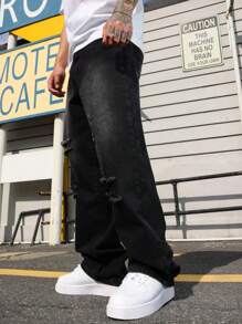 Manfinity EMRG 男士休闲破洞口袋简约牛仔裤，适合日常穿着 - 黑色 - 查看 1