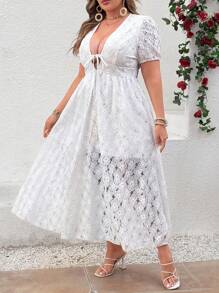 SHEIN Clasi Women's Plus Size Lace Deep V-Neck Short Sleeve Dress, French Elegant Holiday White Dress For Summer - White - View 1