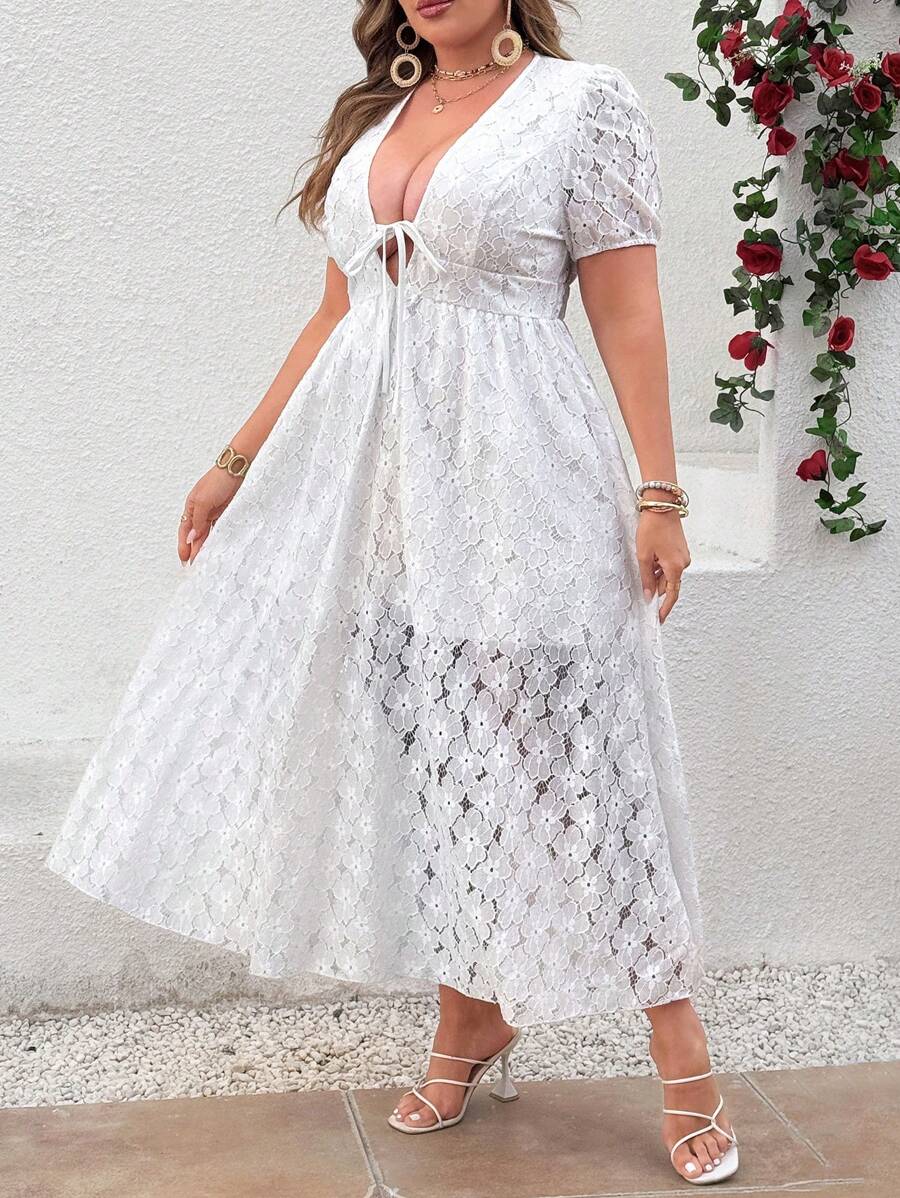 SHEIN Clasi Women's Plus Size Lace Deep V-Neck Short Sleeve Dress, French Elegant Holiday White Dress For Summer - White - View 1