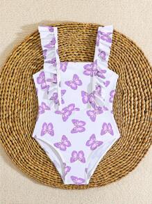 Cute Butterfly Print One-Piece Swimsuit For Young Girls With Ruffle Detail - Purple - View 3