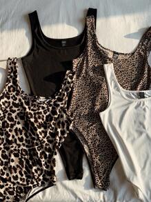 Comfortcana 4pcs Pack Solid & Leopard Print Bodysuit Set, Black & White All-Match Versatile, Spring/Summer - Multicolor - View 6