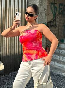 CovetEZ 大码女式扎染印花荷叶边短款上衣，浪漫春夏