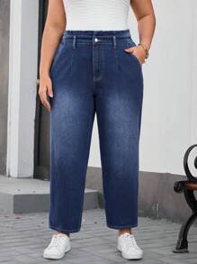 SHEIN Essnce 大码水洗高腰锥形牛仔裤