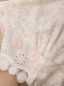 Floral Embroidered Vintage Lace Square Collar Ditsy Ditsy Floral Cardigan With Bell Sleeves Pajamas Set, Plus Size - Multicolor - View 7