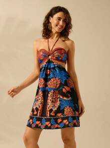 CAJUNI Women's Vacation Bohemian Tropical Flower, Parrot, Tiger, Black And Orange Print Halter Cut Casual Beach Summer Dress - Multicolor - View 6