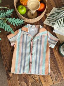 Vintaside Kids 年轻男孩休闲花卉条纹图案翻领短袖衬衫上衣，夏季 - 橘色 - 查看 7