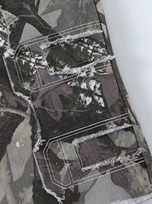 TWEEN BOYS 宽松休闲工装短裤，褶皱下摆和撞色拼布设计，街头风格 - 軍綠色 - 查看 5