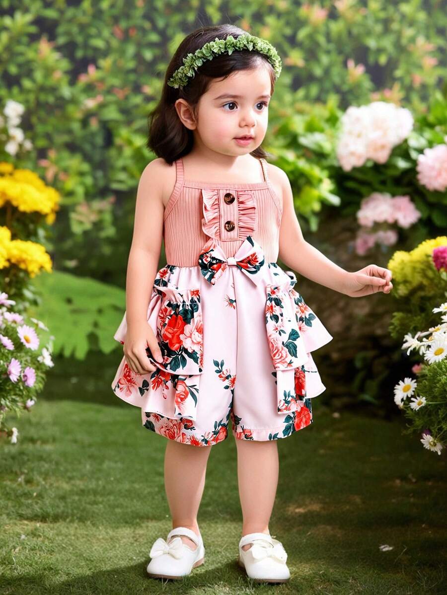 Baby Mädchen lässiger Blumen und Blatt Muster geraffte Träger Druckknopf Romper, bequem und stylisch für Innen und Außen, Frühling/Sommer/Herbst - Verschiedenfarbig - Übersicht 1