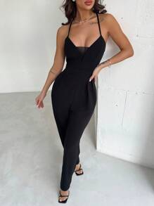 SHEIN Privé Women's Sexy V-Neck Mesh Patchwork Sling Jumpsuit, Suitable For Commuting, Elegant, Sexy, Vacation, Beach, Romantic, Date, Valentine's Day, Concert, Performance, Party, Wedding, Back To School, Business, Teacher's Day - Black - View 6