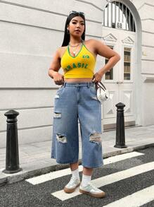 Flirla Plus Size Distressed Loose Fit Wide Leg Denim Jeans - Medium Wash - View 3