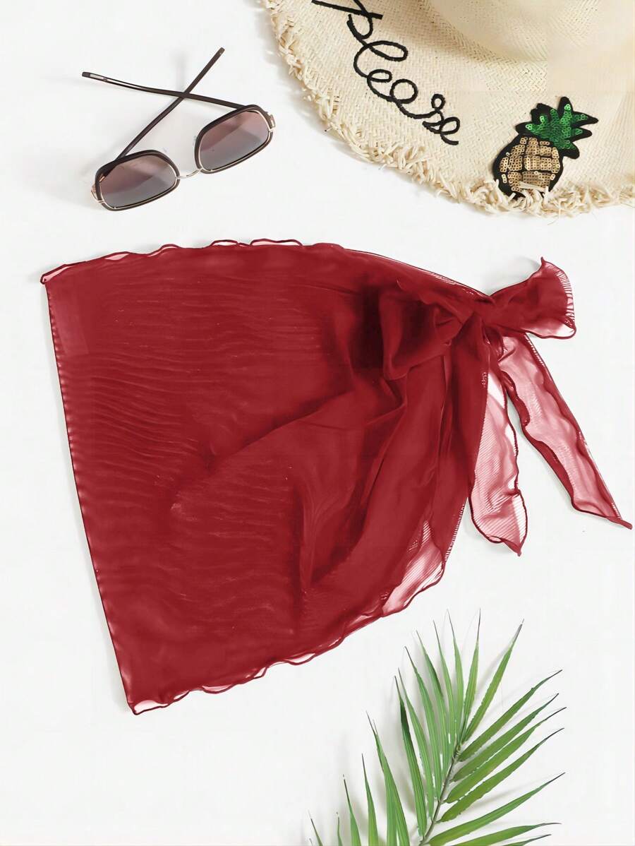 SHEIN Swim Bộ đồ ngủ và váy lưới màu trơn đi biển cho kỳ nghỉ - Đỏ - Xem 1