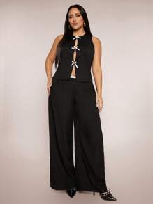 SHEIN BAE Plus Size Women Sleeveless Mesh Crisscross Bow Backless Vest Summer Top, Suitable For Daily Commute, Vacation, Summer Holiday, Graduation, Birthday, Mother's Day