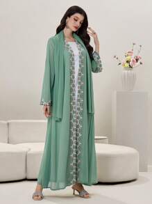 Al Najma Spring/Summer Kaftan With Headscarf, Lapel, Floral Trim Bell Sleeves, Flowing Maxi Silhouette, Arabic Style Robe, Modest Abaya - Green - View 3