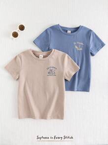 Cozy Pixies 2pcs/Set Young Boy Cartoon Animal Print Soft Knit Crew Neck Short Sleeve Pullover T-Shirt