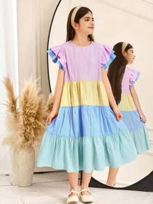 SHEIN Tween Girls Woven Macaron Colorful Striped Color Block Ruffle Hem Cap Sleeve Relaxed Dress, Suitable For Spring Vacation, Spring/Summer, Back To School