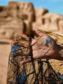 SHEIN EZwear Plus Size Blue Heart Decor & Ruffle Hem Mesh Short Sleeve Top, Suitable For Music Festivals, Spring/Summer - Multicolor - View 8