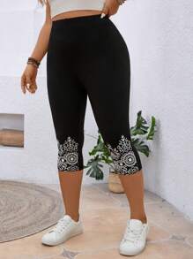 SHEIN LUNE Plus Size Women Floral Print Elastic Waist Casual Cropped Leggings