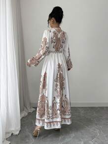 Elenzga Women's New Fashion Palace Retro Print Dress, High-End Retro Palace French Wrap Style V-Neck Waist Gathering Flared Long Lantern Sleeve Lightweight Luxurious Casual Elegant Resort Fit And Flared Dress Fall Cloth For Women