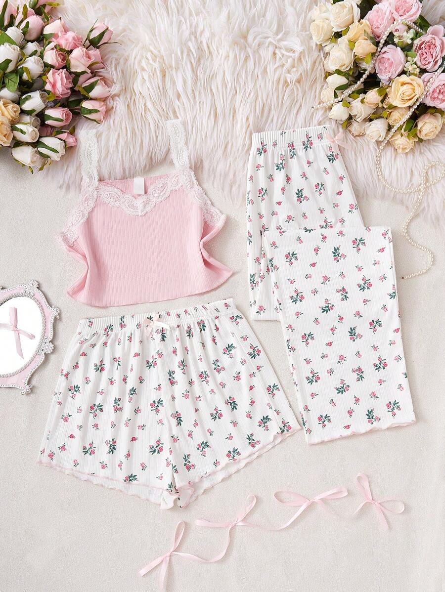 3pcs/Set Teenage Girls Elegant Casual Homewear, Includes Lace Trim Camisole Top, Ditsy Floral Shorts, And Solid White Long Pants Summer Kids  Lace Trim - White - View 1