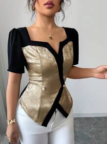 Elenzga 女士时尚优雅短袖衬衫，方领，二合一，斜襟，假纽扣，金属色，对比色拼接编织，春夏