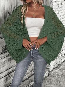 SHEIN LUNE Women's Solid Color Hollow-Out Bat Wing Long Sleeve Loose Casual Cardigan Fall Winter Cloth For Women - Green - View 4