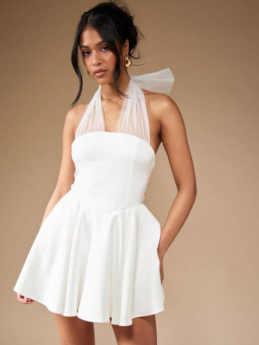 MISSGUIDED Mesh Halter Bow Tie Full Mini Dress Cute Sundress - White - View 1