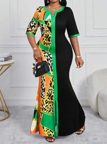 Fleurora Plus Size Women Leopard & Geometric Print Slit V-Neck Short Sleeve Bodycon Dress With Fish Tail Hem