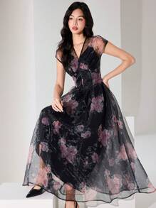 Heiryn Women's Floral Print Mesh Puff Sleeve Waist Fitted Elegant Dress