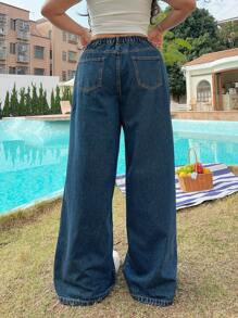 SHEIN MOD Plus Size Dark Blue Jeans Casual Fit Straight Trousers Small Floral Pattern Romantic Spring And Summer Jeans