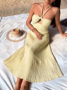 Chiquease 女式度假纯色扭纹露背无袖性感连衣裙波西米亚风海滩时尚风格婴儿黄色适合夏季春秋季 - 黃色 - 查看 3