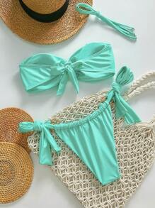 SHEIN Swim Springbreak Beach Vacation Minimalist Solid Color Shiny Material Flattering Bust, Metal Decor Top And Waist Tie Side Bottom 2 Pieces Bikini Set, Beach Clothes For Summer