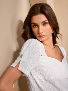 Chiquease Women's Elegant Rhinestone Collar Jacquard T-Shirt, Minimalist Fashion Casual Everyday Wear - White - View 6