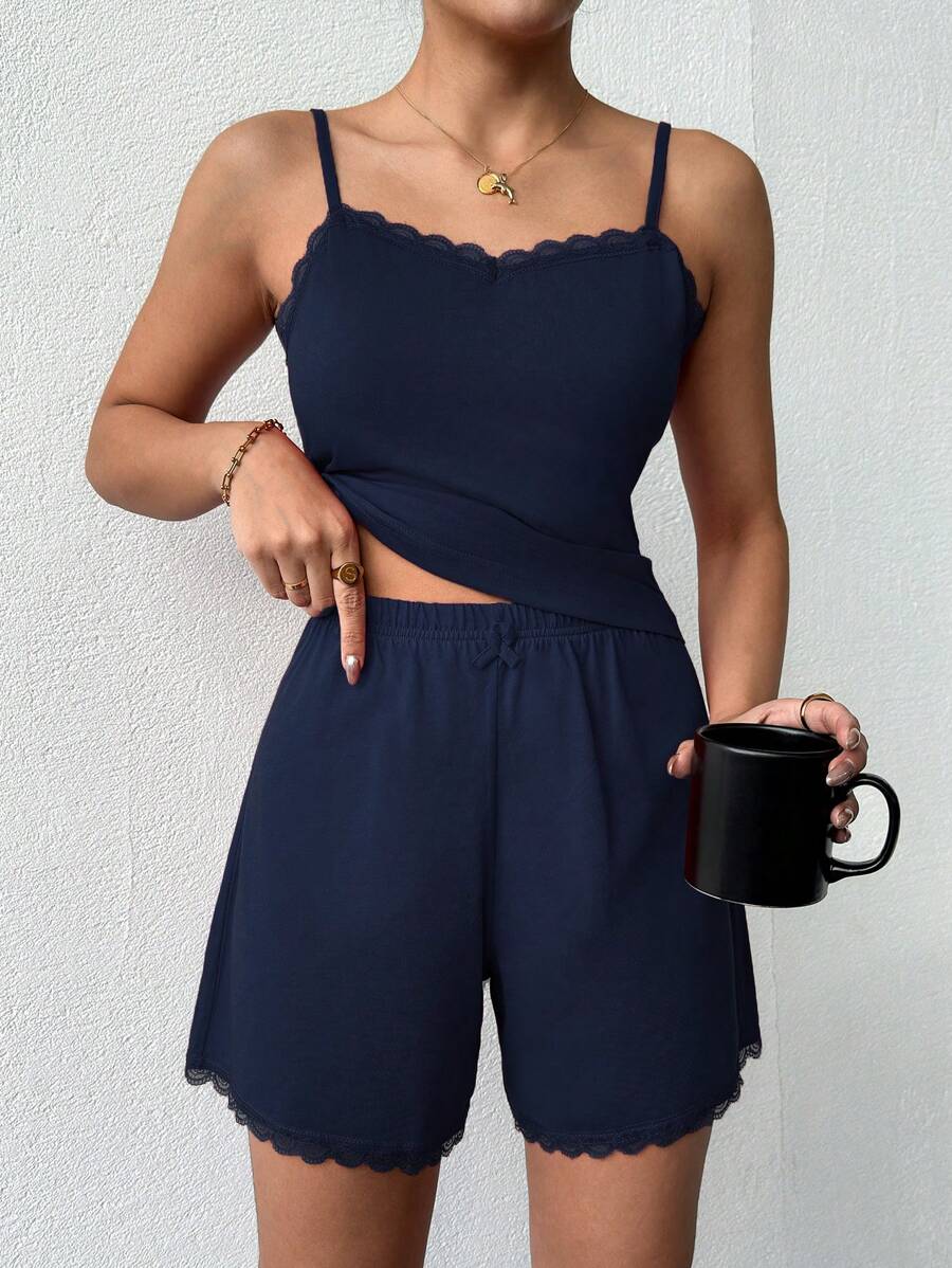 RueChic Women Lace Patchwork Spring/Summer Camisole And Shorts Casual Clothes Set - Navy Blue - View 1