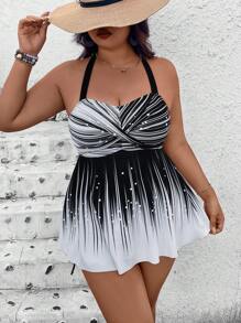 Swim Lushoire Plus Size 2pcs Set, Crop Top With Graphic Print & High Waist Solid Shorts With Side Drawstring, Spaghetti Strap Cami Strap Backless Criss Cross Slimming Casual Tankini