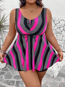 SHEIN Swim Lushore 2pcs Plus Size Women Beach Tankini Set, Random Print, Sleeveless, Slimming, High Waisted Bottoms, Casual & Stylish, Summer