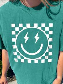 Flirla 大码女式笑脸印花休闲宽松圆领短袖 T 恤 - 綠色 - 查看 4