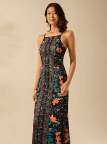 CAJUNI 女式波西米亚风热带花卉植物印花休闲度假无袖黑色中长细肩带连衣裙 - 彩色 - 查看 1