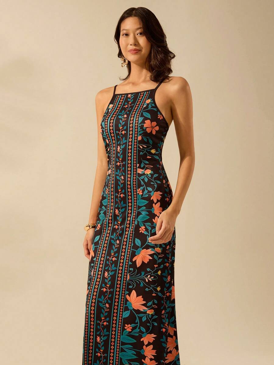 CAJUNI 女式波西米亚风热带花卉植物印花休闲度假无袖黑色中长细肩带连衣裙 - 彩色 - 查看 1