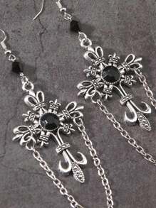 ROMWE Goth 2 piezas Pendientes con cadena de cruz gótica, Halloween - Plateado - Ver 3