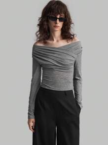 Ontre 2025 New Women's Long Sleeve Solid Grey Crossover Off Shoulder Pleated Fitted Top, Spring/Summer Holiday Clothing, Valentine's Day