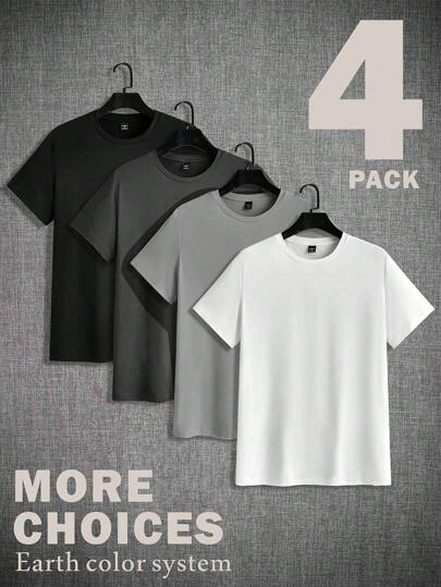 Manfinity Homme 4pcs/Pack All-Match Knitted Grey System Men T-Shirt, Casual Daily Versatile