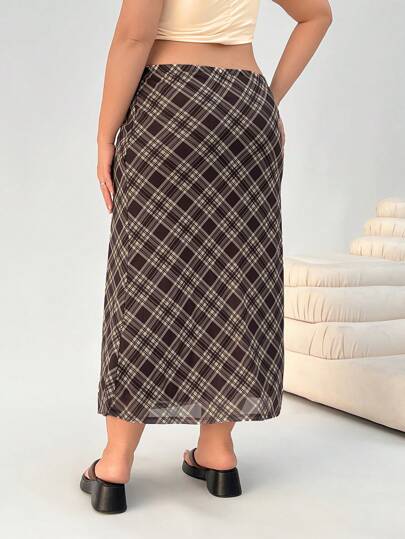 SHEIN EZwear 大码女式格子网眼 A 字形长裙，高腰时尚