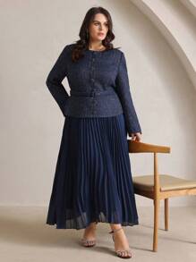 Anewsta Vestido de talla grande para mujer elegante para cita nocturna/fiesta, de manga larga, con parches y pliegues, falso de 2 piezas - Azul - Ver 3