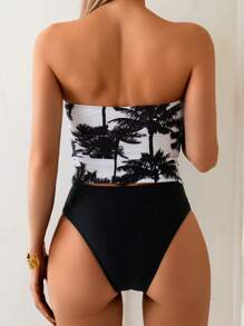Swim Lushoire Springbreak 2025 New Women 2pcs Set Random Palm Tree Print Tube Top & Black Swimwear Shorts, Beach Vacation Casual Summer Ladies Tankini Swimwear Set
